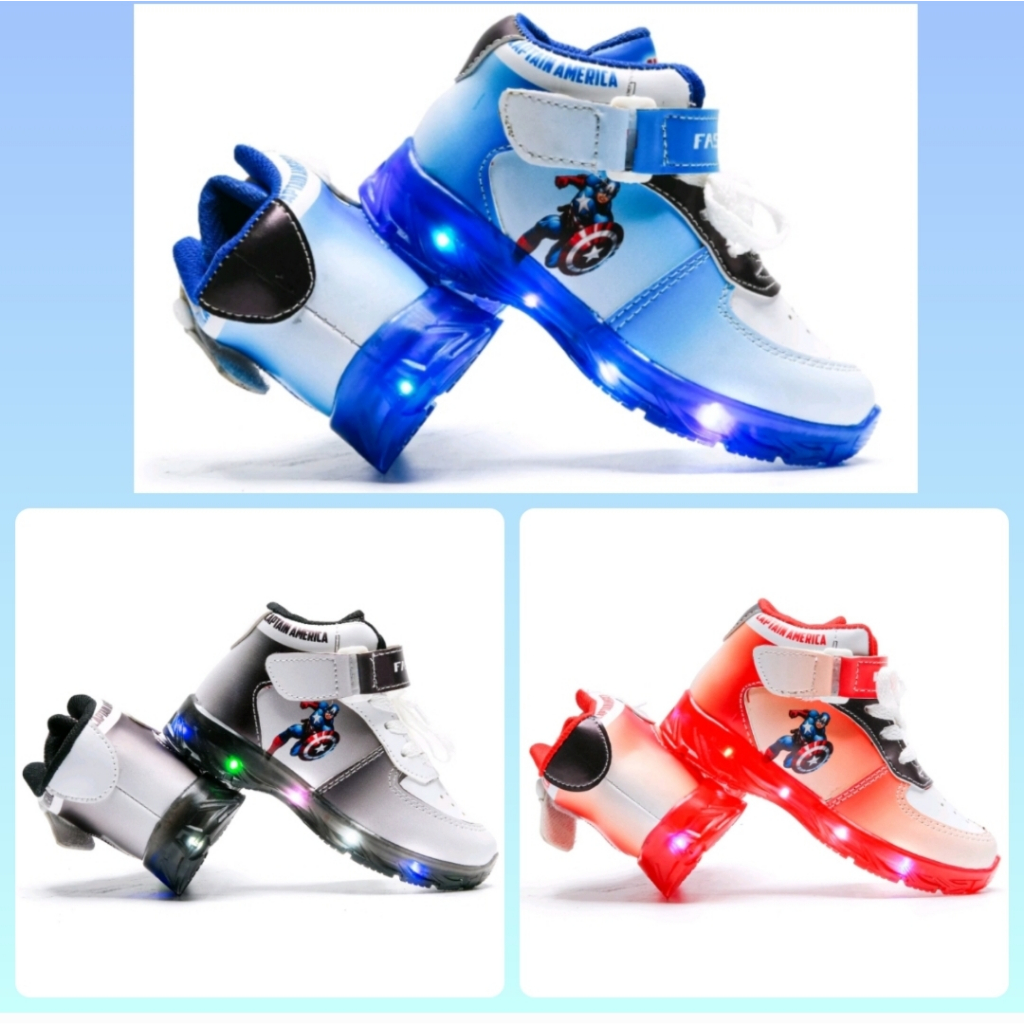 Sepatu Sneakers Boot LED Captain America Anak Laki-Laki Keren 3-7 Tahun/ Sepatu Kets Boots Casual An