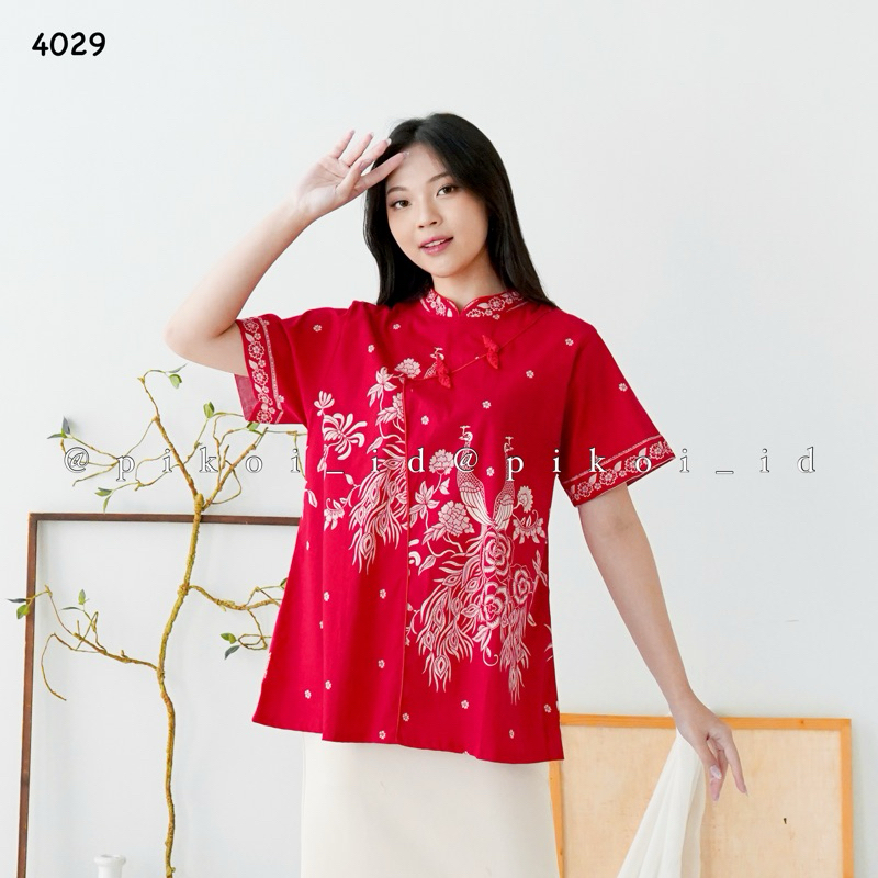 Atasan Cheongsam Batik Merah CNY / Baju Congsam Qipao Sincia Katun Stretch / Top batik modern 3303