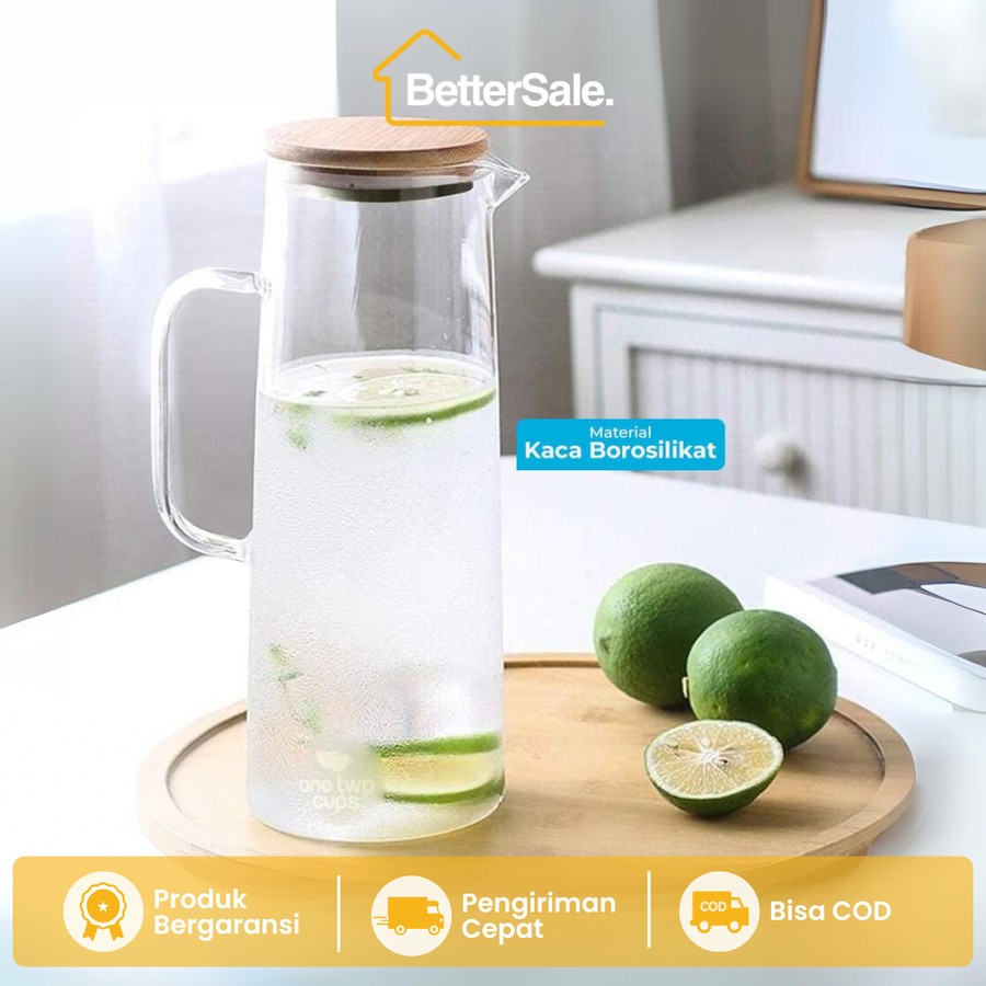 Teko Pitcher Kaca Tutup Kayu Tahan Panas Borosilicate Glass Wooden Lid