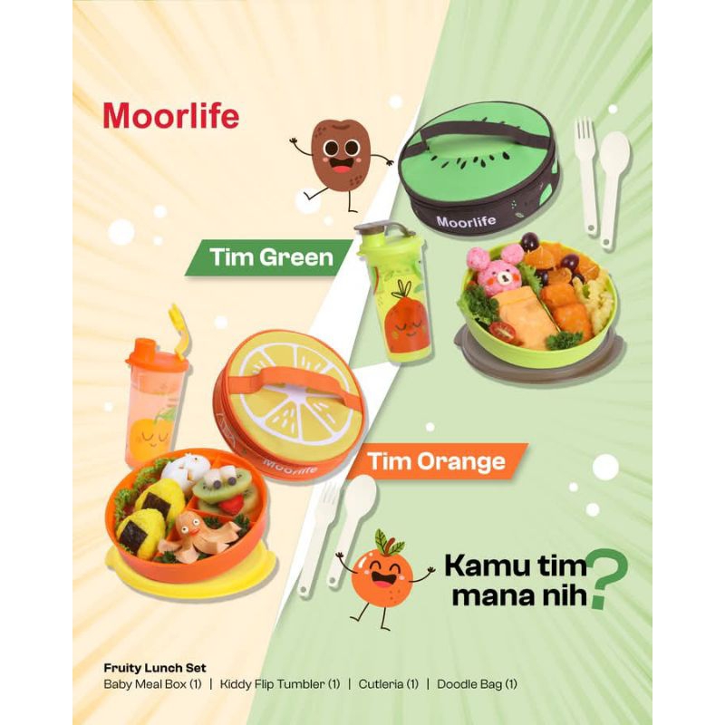 MOORLIFE 1 set Tempat Bekal Makan dan Minum FRUITY LUNCH SET ada tasnya motif buah Kiwi dan Jeruk