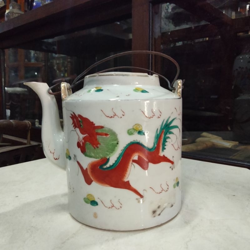 Teko Keramik Porselen Putih China Motif Naga Lawas Tua
