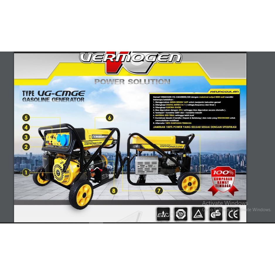 VERMOGEN MESIN GENSET BENSIN / GASOLINE GENERATOR 8000 WATT " REAL WATT"