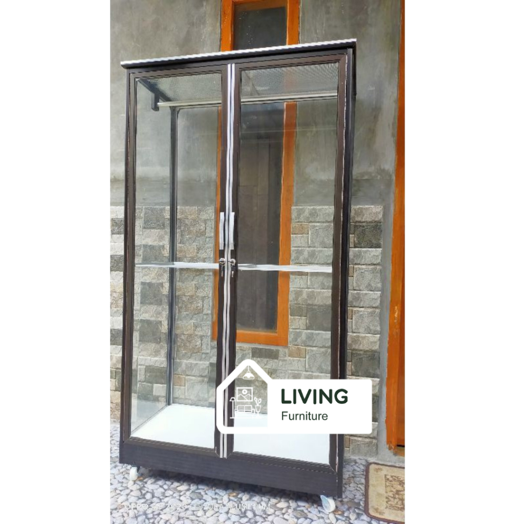 Lemari pakaian kaca alumunium pintu 2 / Almari baju aluminium anti rayap minimalis