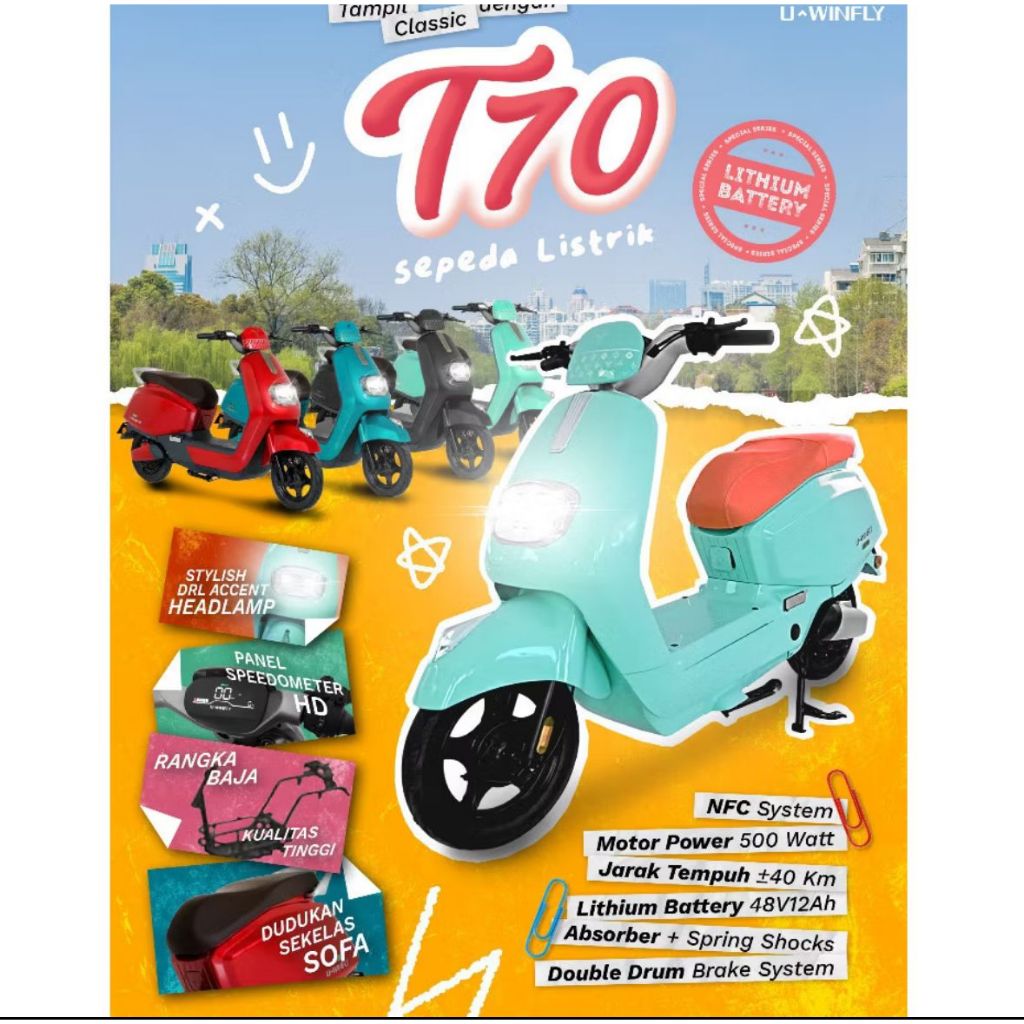 U-Winfly T70 Sepeda Listrik Lithium Baterai Classic