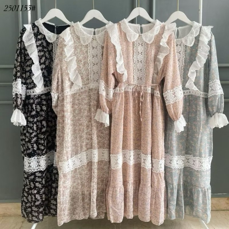 Gaun Tunik Panjang Motif Bunga dan Ruffle Import
