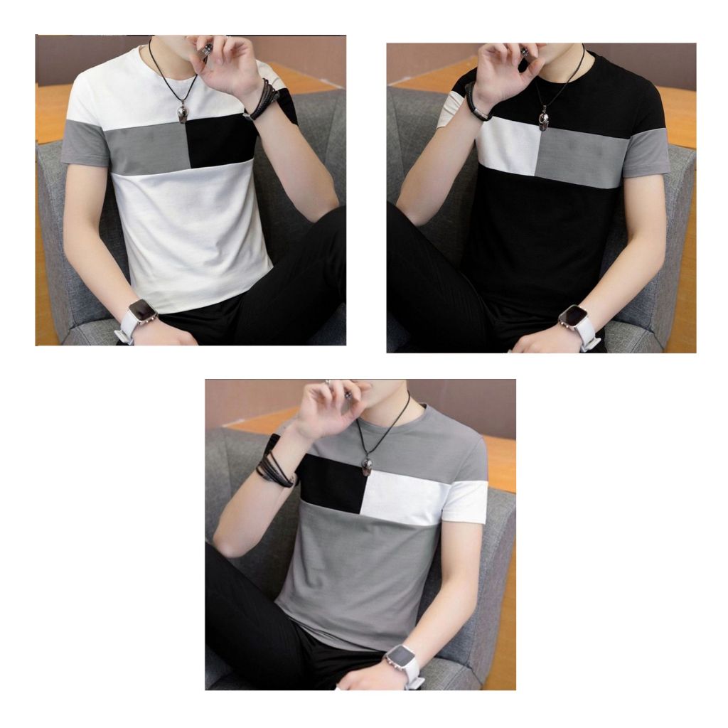 Kaos Pria Garis Abu-Abu Hitam Putih Kaos Atasan Pria