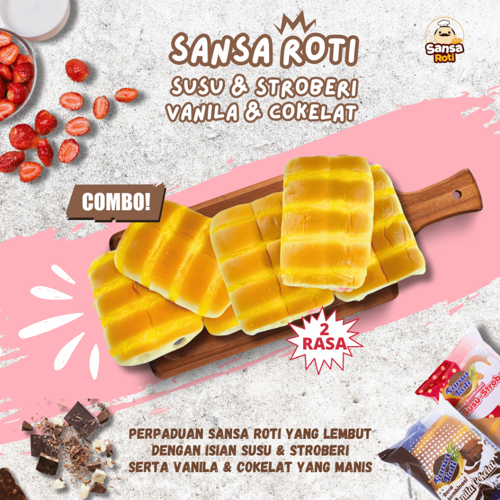 

RB [ISI 15pcs+Free 3pcs] - Sansa Roti - Special Mix 2 Rasa Susu Stroberi & Vanila Cokelat Roti 1 Dus