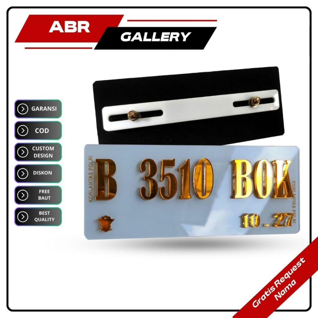 Plat Nomor Akrilik Putih Timbul Gold Sepeda Motor Baut