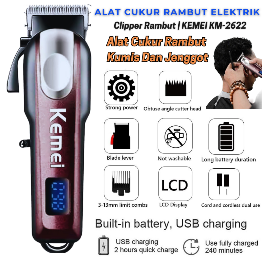 Alat Cukur Kemei Km-2622 Professional Wireless Electric Hair Clipper Alat Cukur Pangkas Rambut Elekt