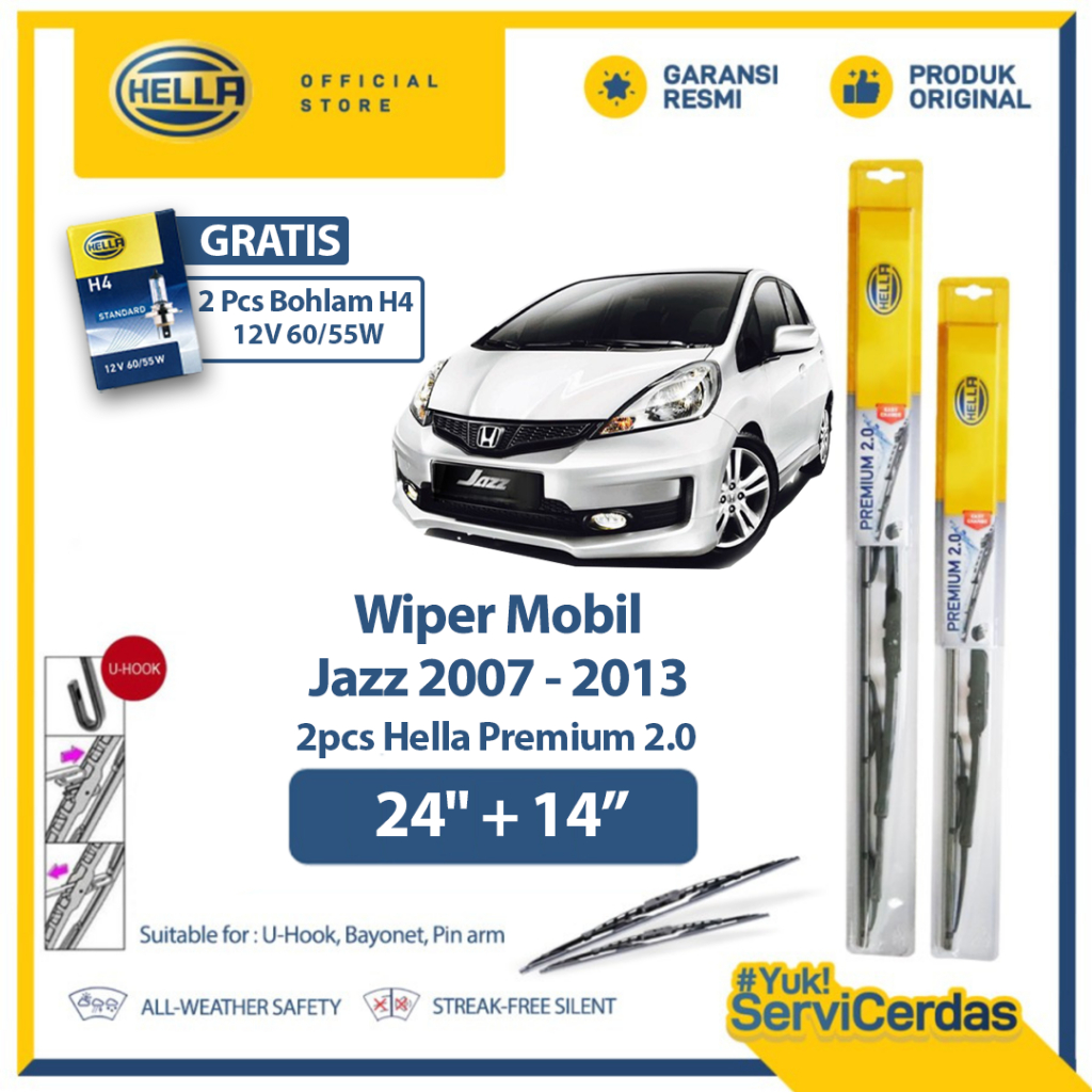 Wiper Mobil HELLA Premium 2.0 HONDA Jazz 24" + 14" (2pcs) - Gratis Bohlam Mobil H4 12V 60/55W