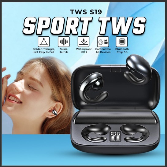 Headset Bluetooth TWS S19 Sport Open Ear Waterproof Suara Jernih Nyaman Dipakai
