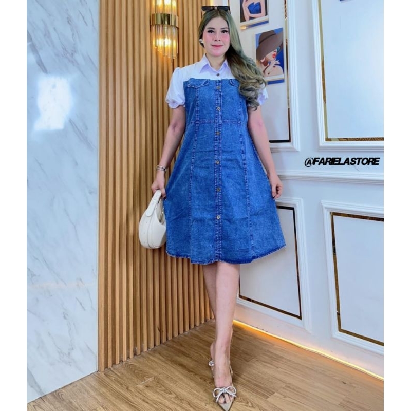 Dress Jeans Kombinasi Wanita Lengan Pendek