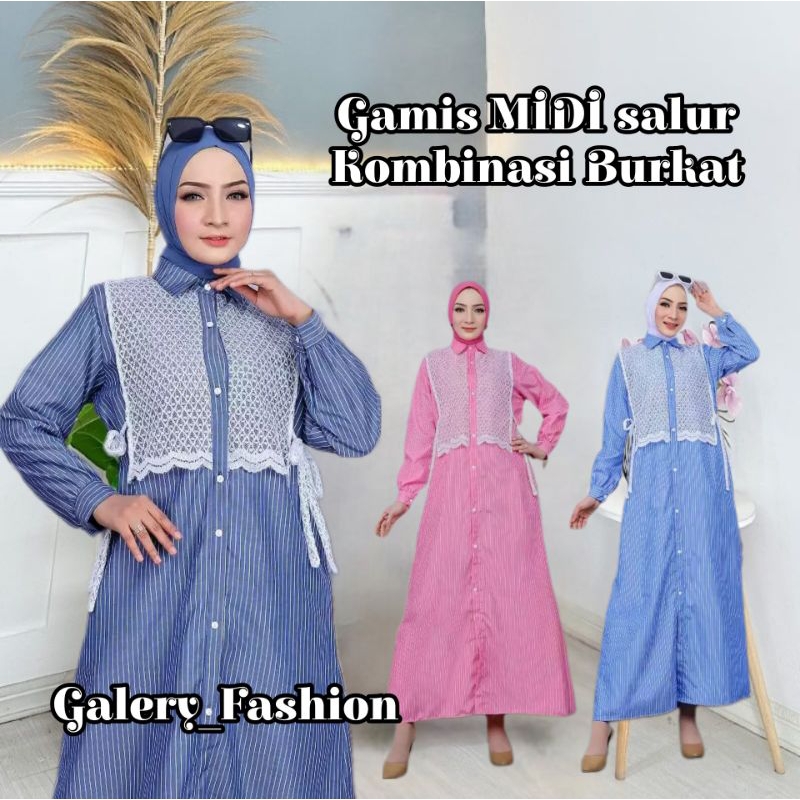 Gamis Midi Salur Kombinasi Burkat/Gamis wanita motif salur Katun premium/Dress MIDI Ful kancing Burk