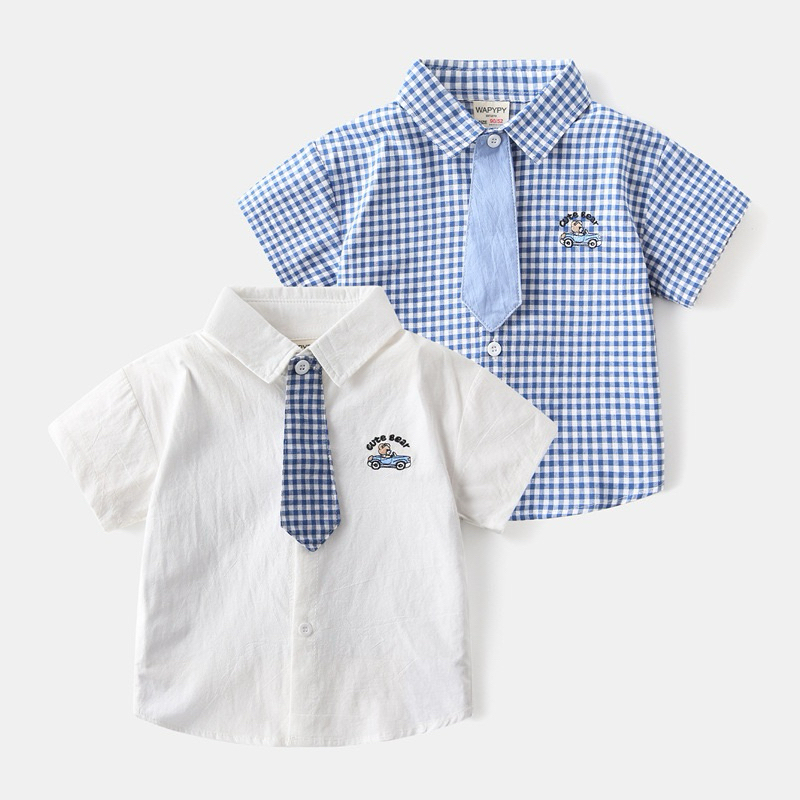 (1-9 TAHUN) Atasan Baju Kemeja Dasi Anak Laki Laki | Kemeja Putih Biru Kotak Anak Laki Laki