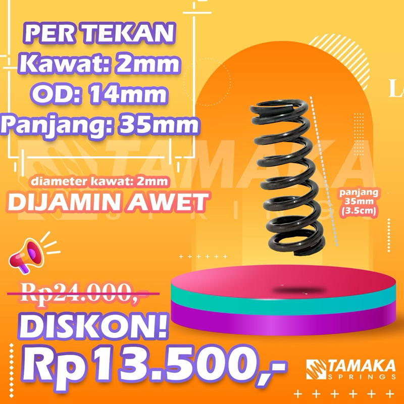 Per Spring Pegas Tekan OD 14mm Kawat 2mm Panjang 35mm Baja