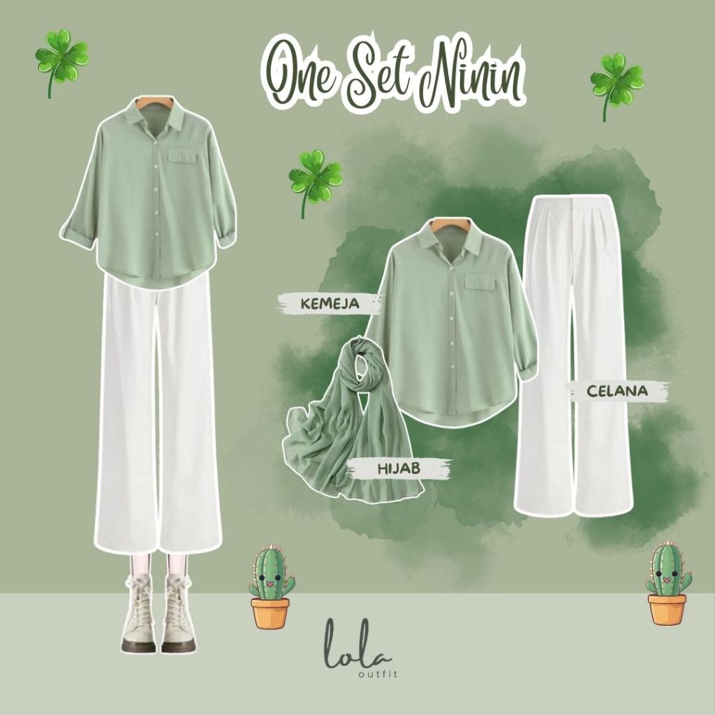 One Set Ninin (Hijab, Kemeja, Celana) Setelan 3 in 1 Wanita Korea Style ✿ Kemeja Oversize Blouse Sag