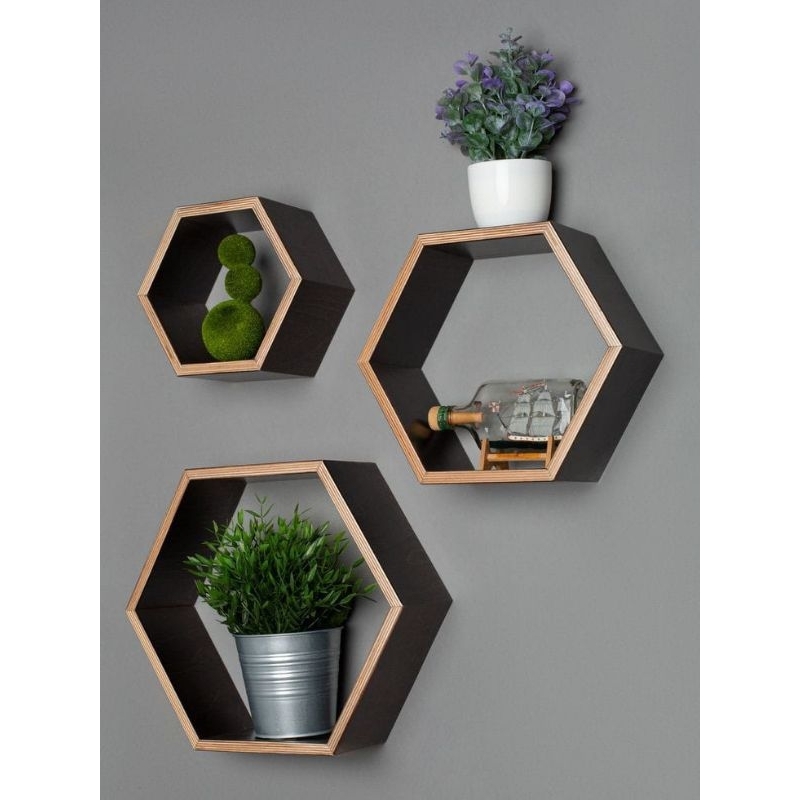 Rak Dinding Kayu Hexagonal (1set 3pcs) Dekorasi Kayu Tempel Dinding