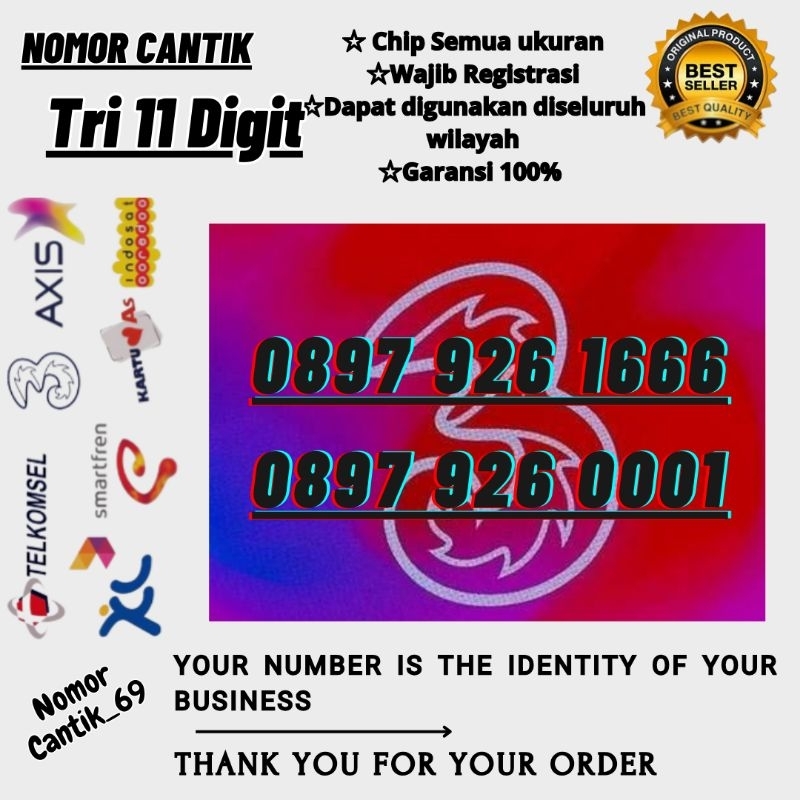 Nomor Cantik Kartu Perdana TRI 11 DIGIT Triple
