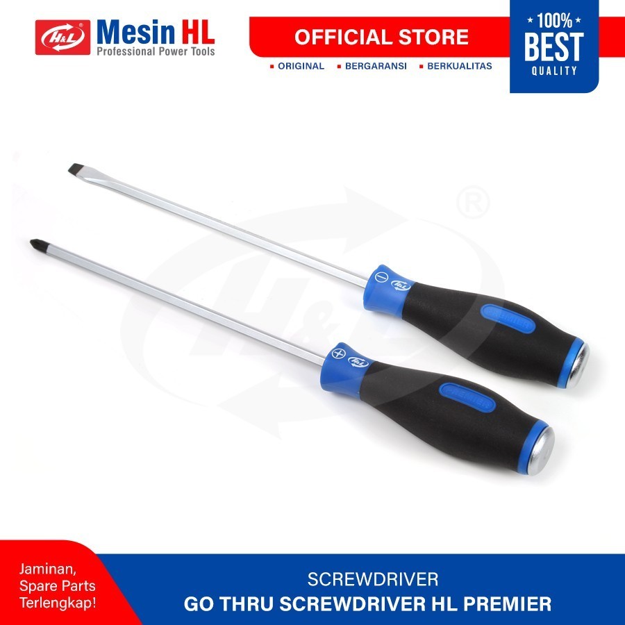 HL PREMIER Obeng Ketok Besi Tembus / Obeng Pahat Plus Minus GAGANG KARET GO THRU SCREW DRIVER PH SL 