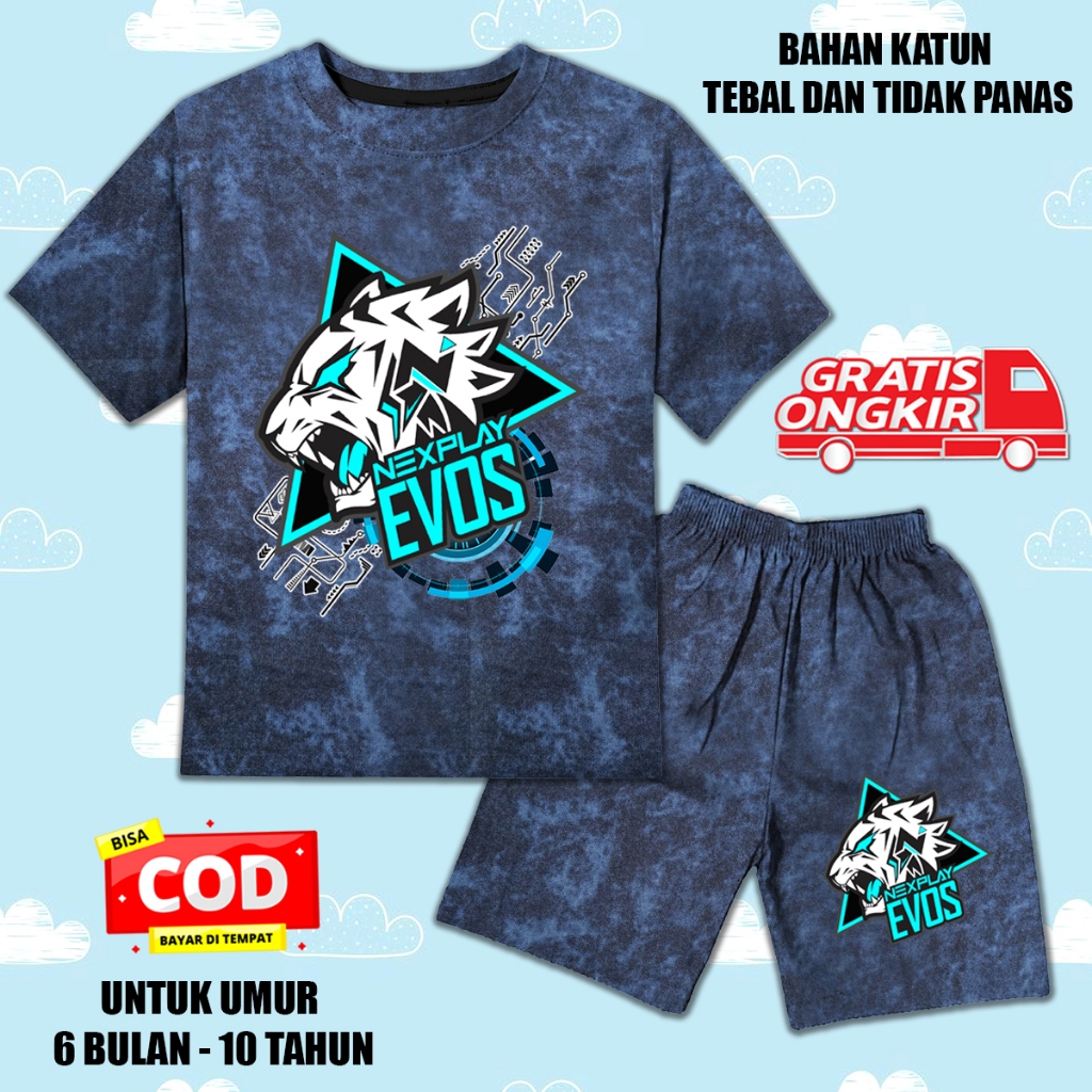 Setelan denim jeans printing lengan pendek anak laki laki perempuan set kaos anak evos 1
