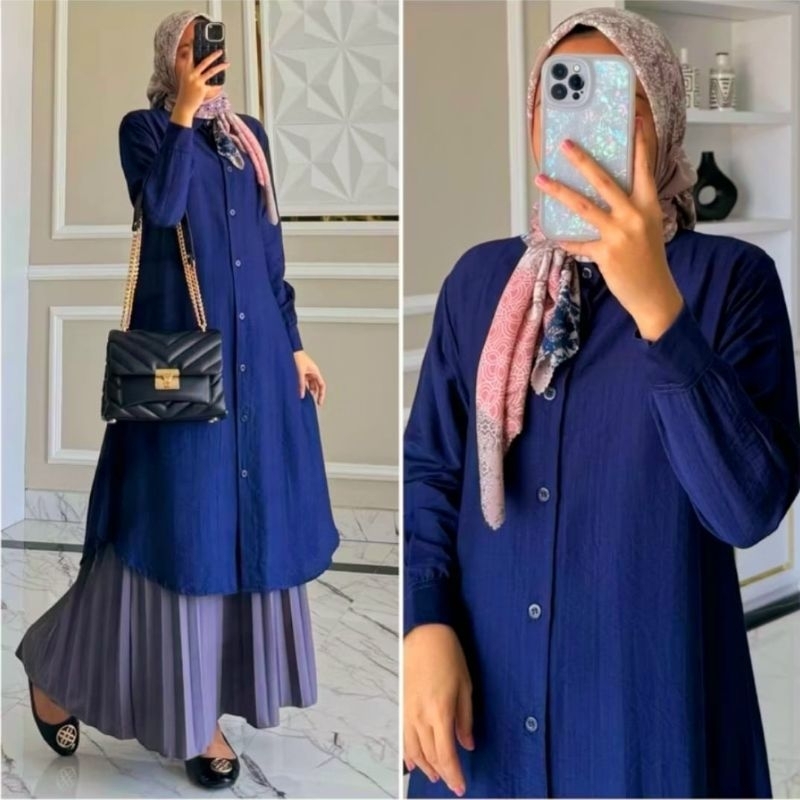 NEW atasan tunik polos wanita full kancing depan semi gamis wanita tunik suxexo terbaru