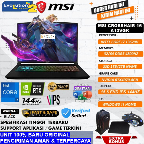 Laptop Gaming MSI Crosshair 16 A13VGK Intel Core I7 13620H 16GB DDR5 1TB SSD RTX4070-8GB 15.6 FHD IP