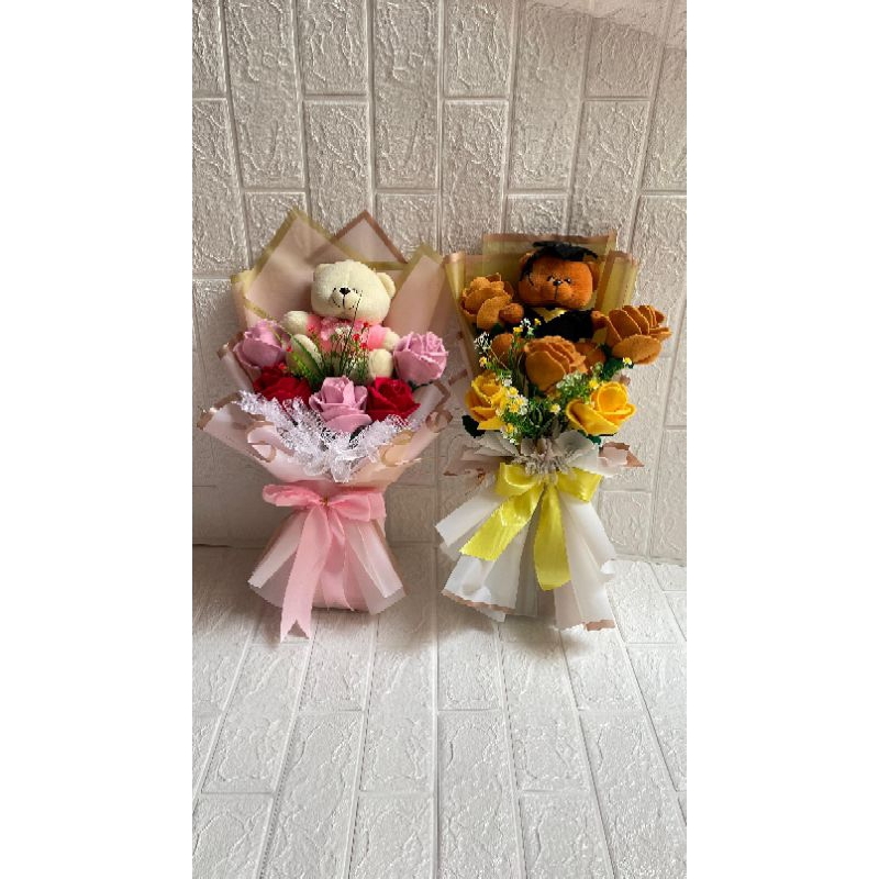 Buket Bunga Mawar Kain Flanel+Boneka, Buket Valentine, Kelulusan