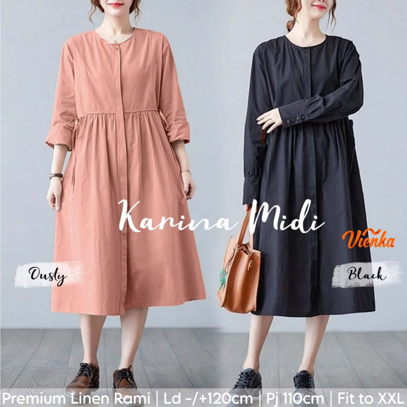 Karina Midi Dress Polos Premium Linen Rami Jumbo Ld 120 By Vienka Midi Basic Casual [ READY COD ]
