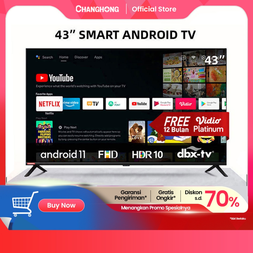 Changhong 43 Inch Newest Android 11 Frameless Smart TV Digital LED TV FHD -Netflix-Youtube-Google Pl