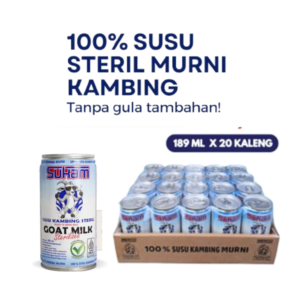 

SUKAM - 1 DUS Susu Kambing Steril di Indonesia rendah gula dan tinggi kalsium 189 ml x 20 Kaleng
