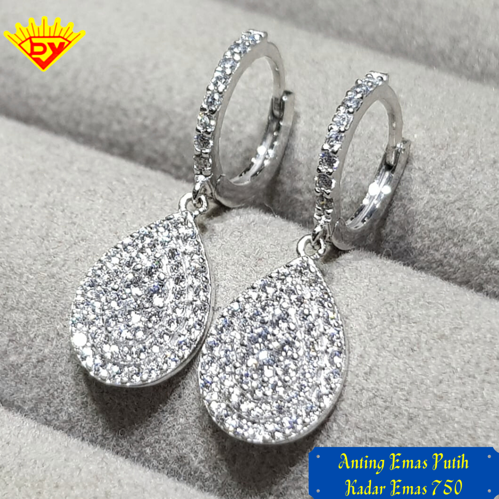 Anting Jepit Emas Putih Permata Zirconia Baru Kadar Emas 750