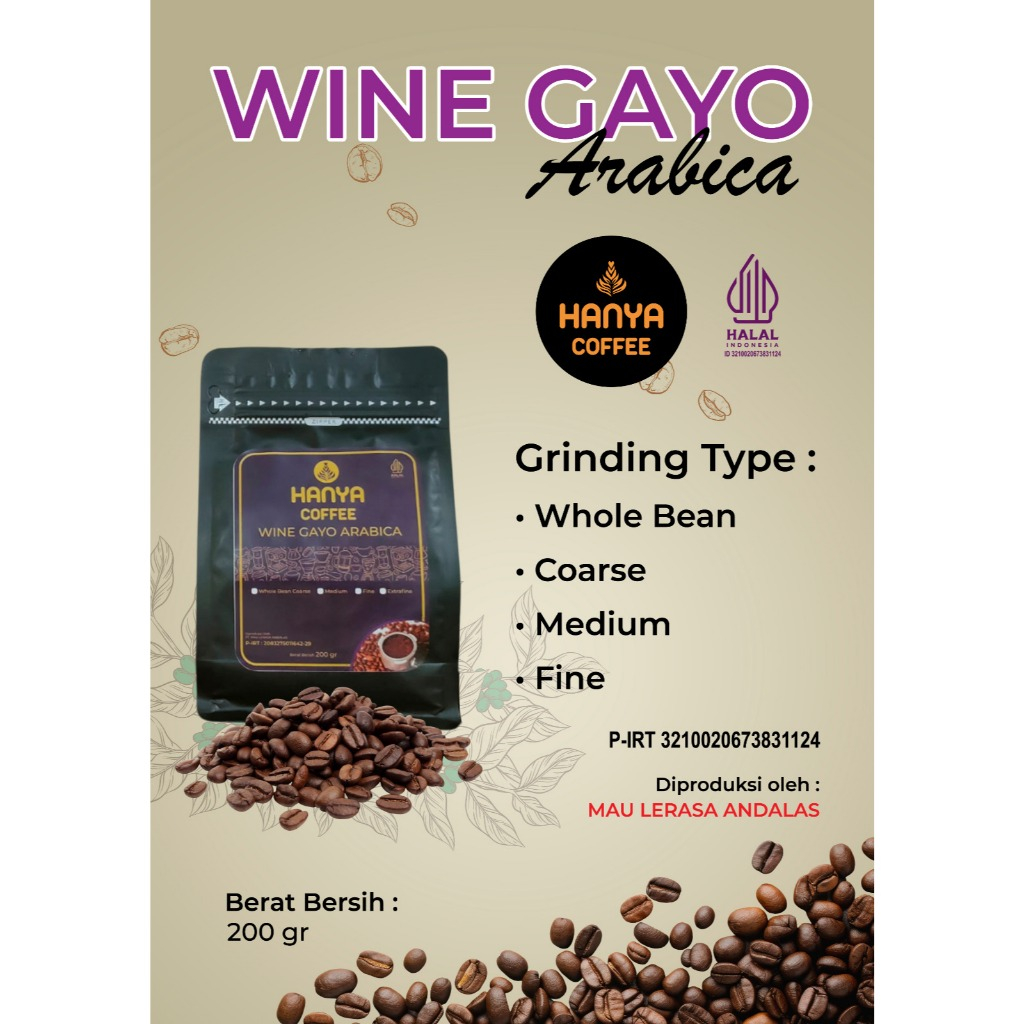 

Kopi Arabika Wine Aceh Gayo Bener Meriah Fermentation Wine Roasted Beans 200 gram