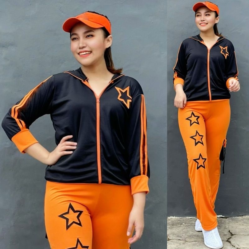 Set Baju Senam Bintang Double Indoor Outdoor Serie Hitam Orange