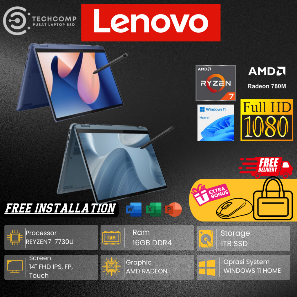 LAPTOP 2IN1 LENOVO FLEX 5 14 AMD RYZEN 7 7730U RAM 16GB 512GB SSD WUXGA TOUCHSCREEN WINDOWS 11 TERBA