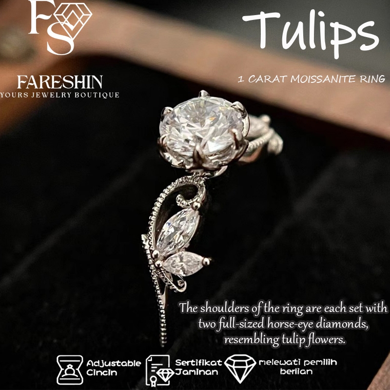 Cincin moissanite Tulips Moissanite cincin tunangan 1.0 Carat Sterling Silver 925 Fareshin