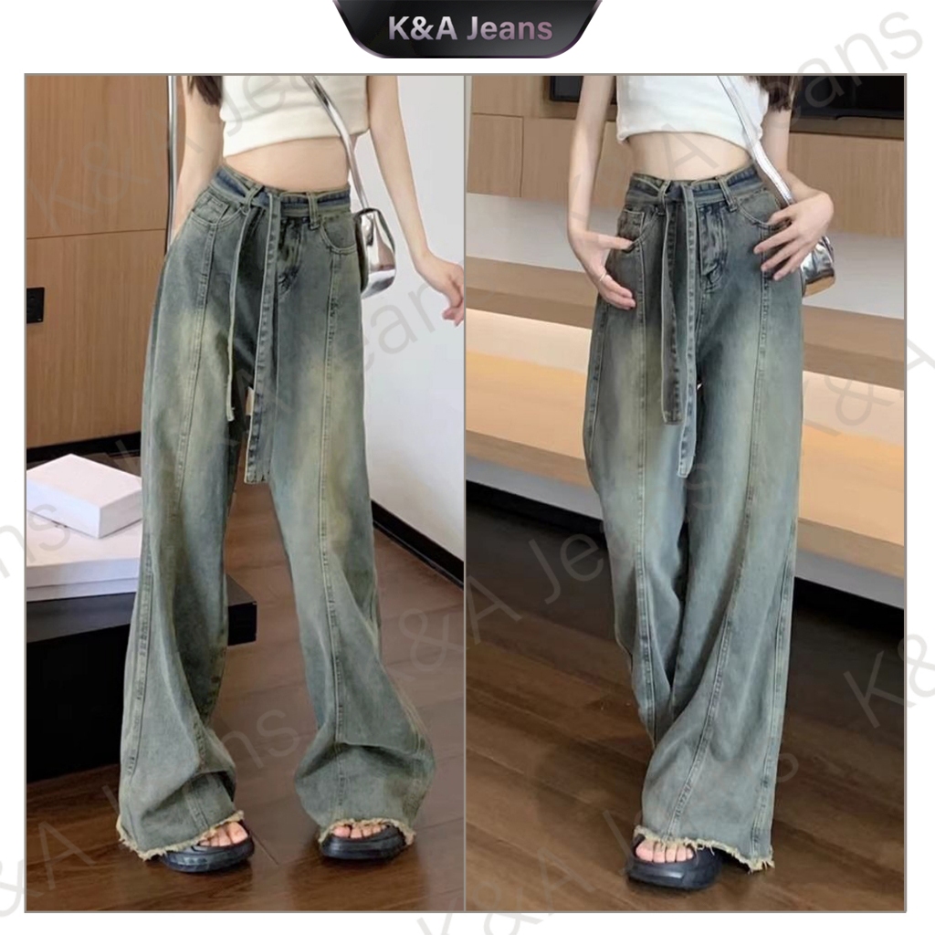 [K&A]#COD S-XXL Sabuk Denim Jeans Retro Jeans Wanita Kulot Jeans celana Panjang Wanita（Sabuk denim g