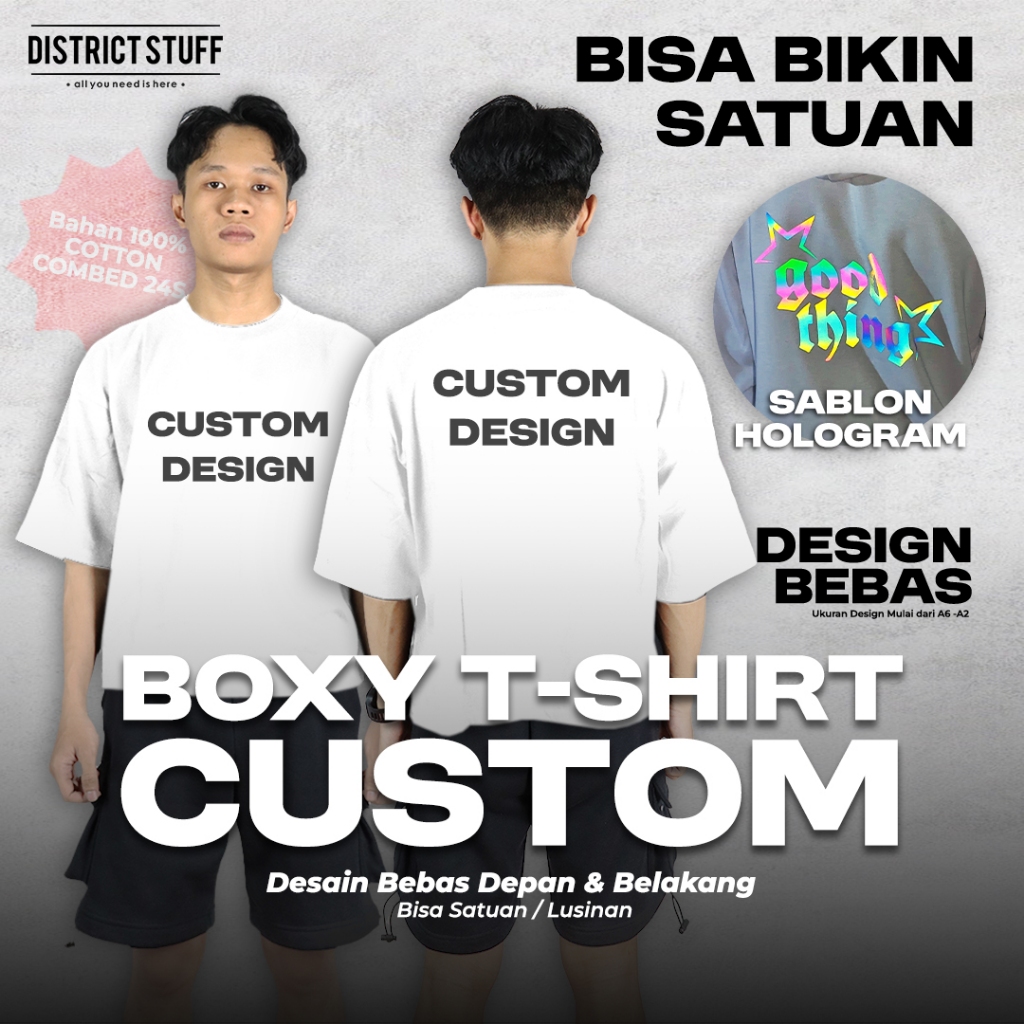 Kaos Boxy Custom Sablon Hologram 2 Sisi Menyala Dalam Gelap Satuan Unisex