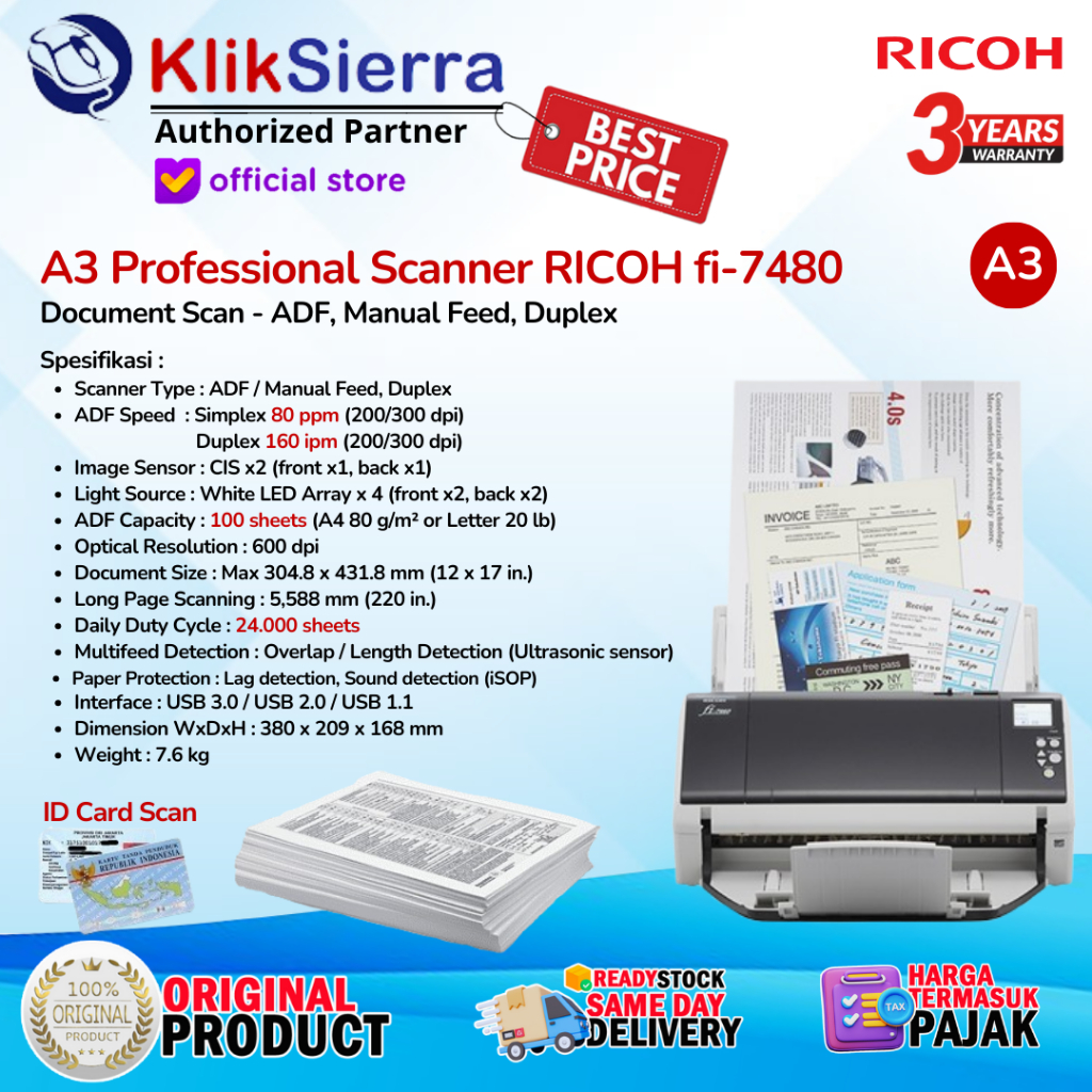 Scanner A3 RICOH TKDN fi-7480 Large Document Scan ADF / Manual Feed Duplex - FUJITSU fi7480  Garansi
