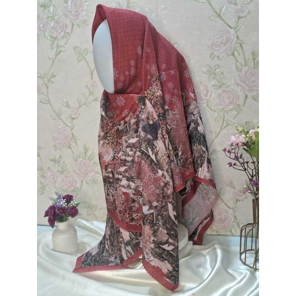 Hana Series Firm Jilbab Segi Empat (Merah Burgundy, Putih Salju)