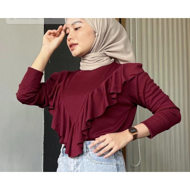 Blouse Ruffle Rib Knit - Sweater Ruffle Dada - Atasan wanita Rumbai Dada