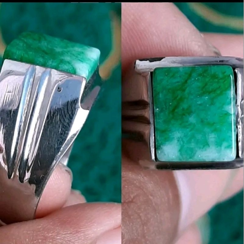 Cincin Batu Giok Hijau Kotak Ring Monel Halus