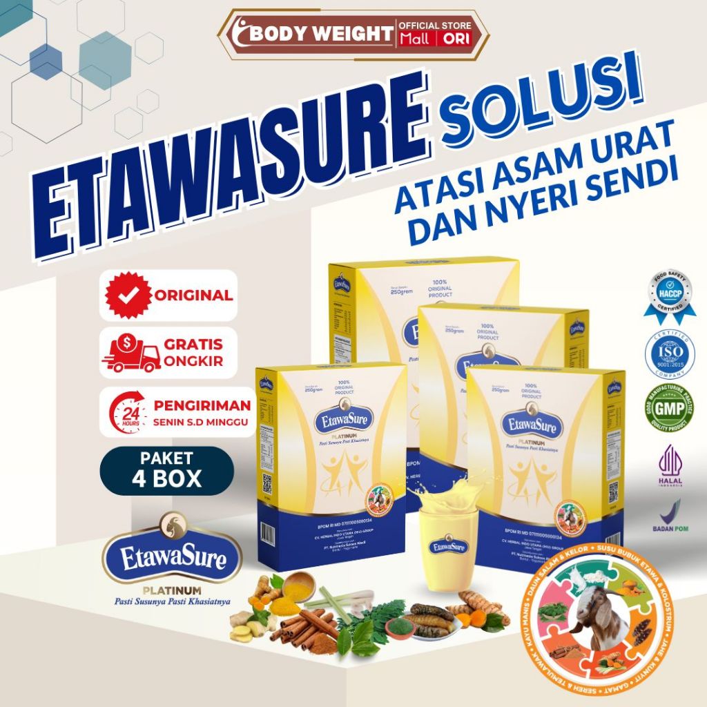 

Susu Etawasure Platinum Susu Kambing Etawa Untuk Mengatasi Persendian dan Asam Urat Paket 4 Box