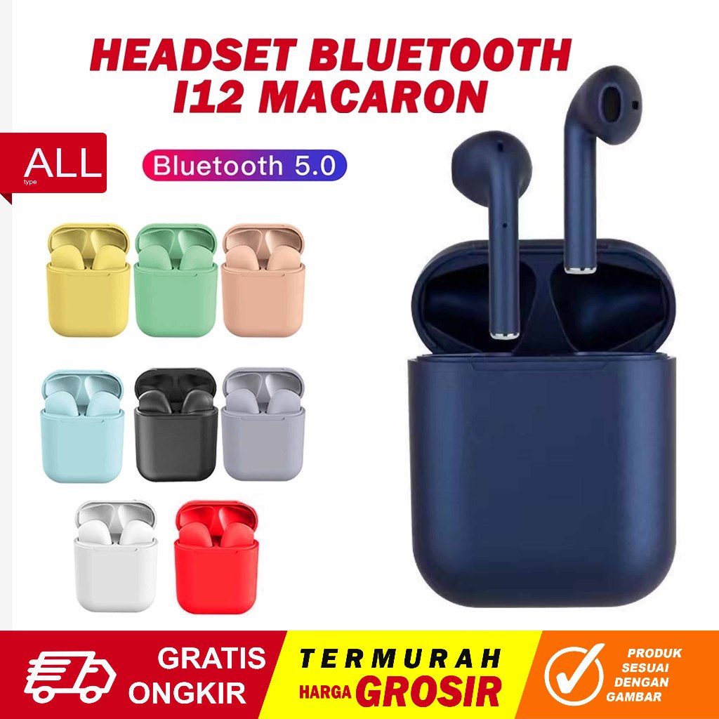 Headset bluetooth macaron inpods i12 tws earphone stereo wireless kontrol sentuh with mic colour hit
