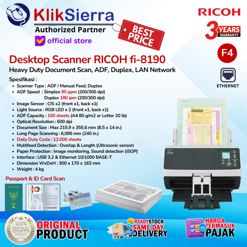 RICOH fi-8190 Desktop Scanner 90 ppm - ADF, Manual Feed, Duplex 180 ipm - FUJITSU fi8190 USB + LAN