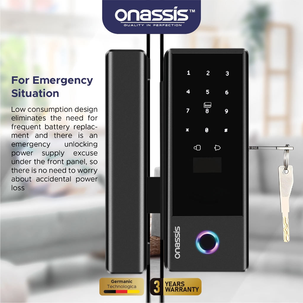 ONASSIS D82 PRO SMART LOCK FOR GLASS DOOR WITH KEY KEAMANAN MAKSIMAL UNTUK PINTU KACA