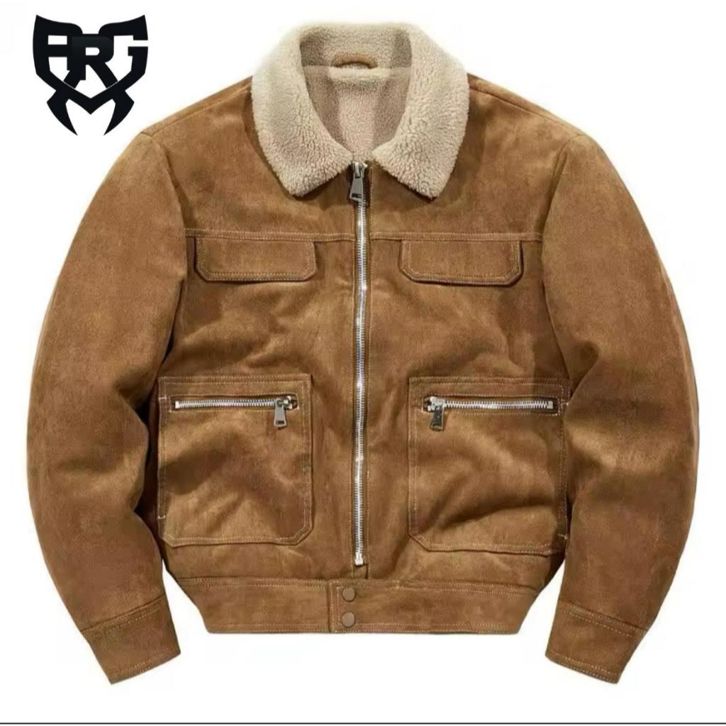 ARGTA Sherpa Bulu Suede Jaket Suede Zipper Dark Grey Tebal