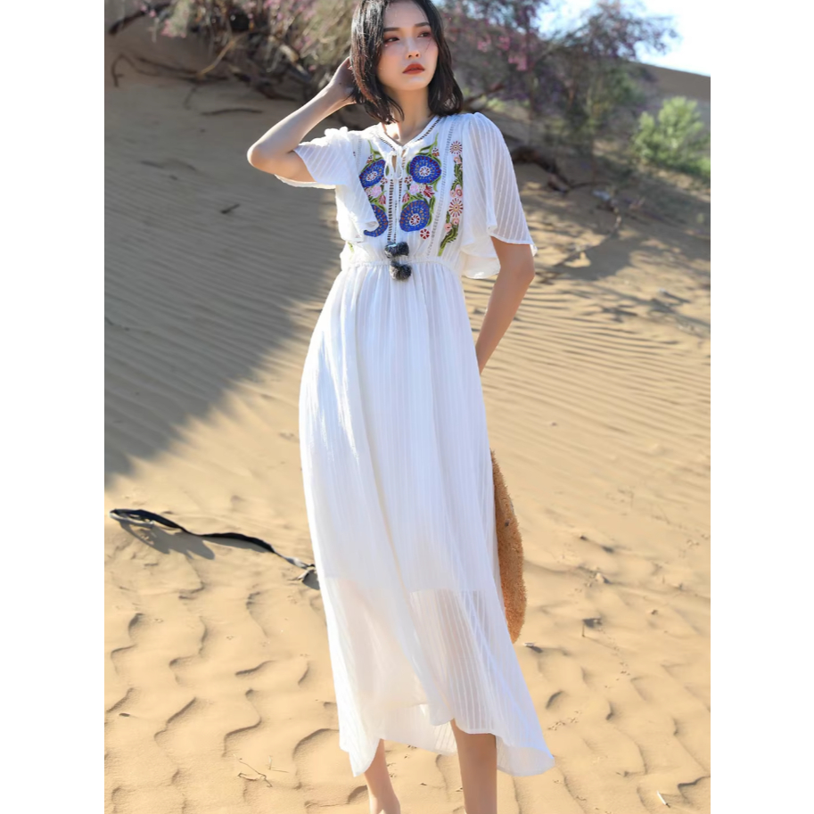 Dress Midi Korean Style Bunga Bordir / Dress Retro etnik / Midi Dress Women Floral Embroidery Short 