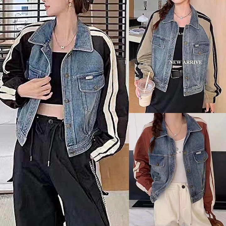 JAKET BOMBER DENIM JEANS CROP LENGAN RAGLAN PARASUT SPORTY KOREA IMPORT