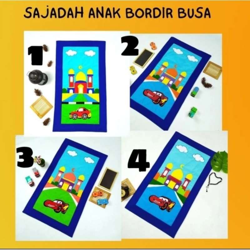 Sajadah Anak Laki Laki Gambar Mobil Karakter Kartun Cars dan Masjid - Tambah Nama