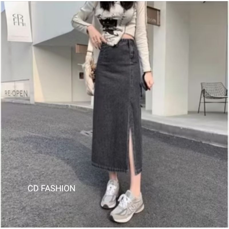 Rok jeans belah samping Korean style Rok A-line/ rok wanita belah samping